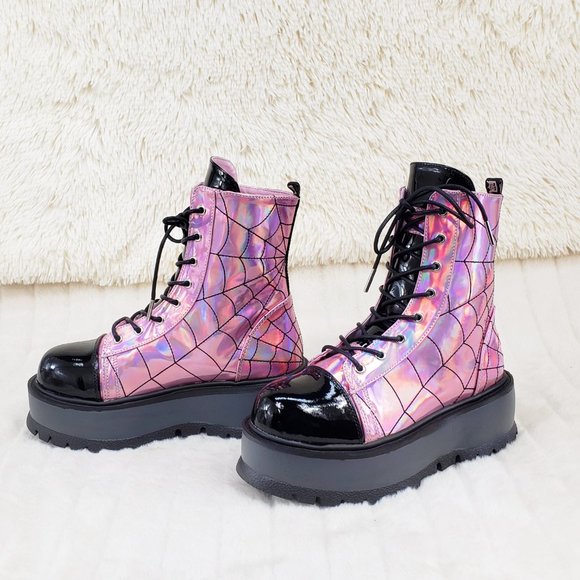 Pink Hologram Platform Spider Web Ankle Boots Punk Rave Festival Slacker - Picture 9 of 12